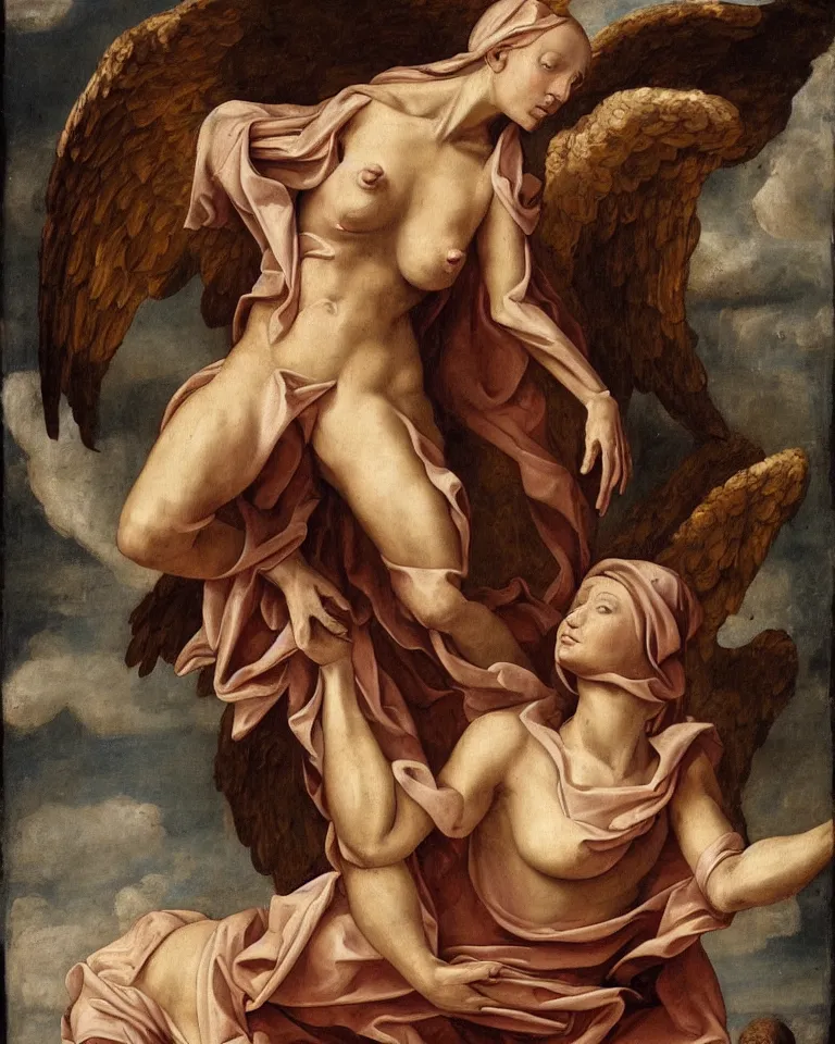 Prompt: ! dream a renaissance baroque painting of an anatomically correct woman angel by aj hamilton