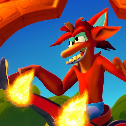 Image similar to crash bandicoot riding a pegasus through a ring of fire
