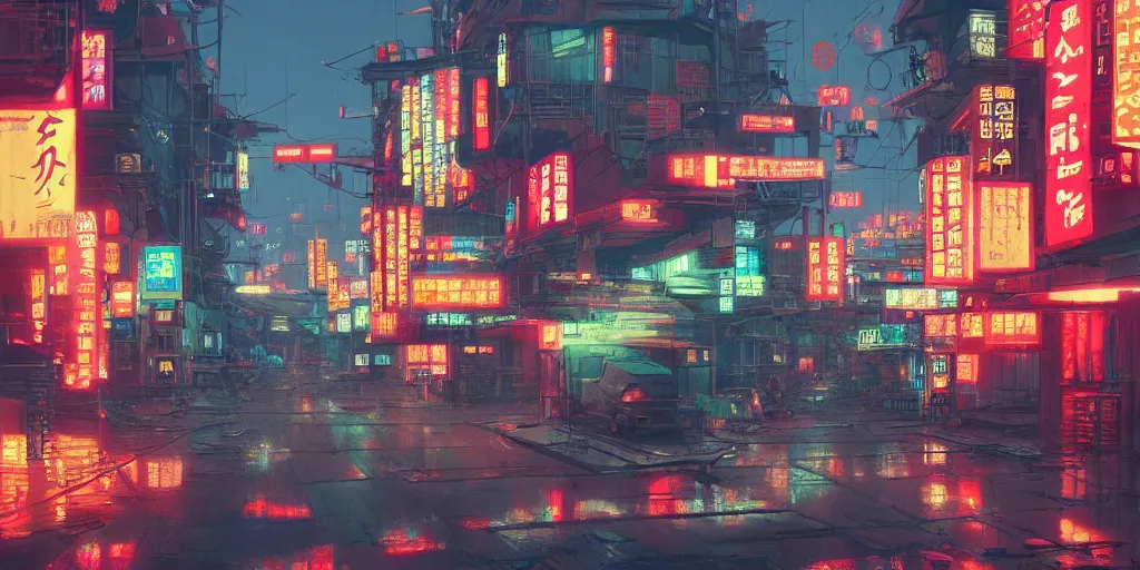 Prompt: A dystopian rundown neon colorful Japanese town, eye-level perspective, illustrated by Greg Rutkowski, 8k, 4K, trending on artstation, artstationHQ, artstationHD