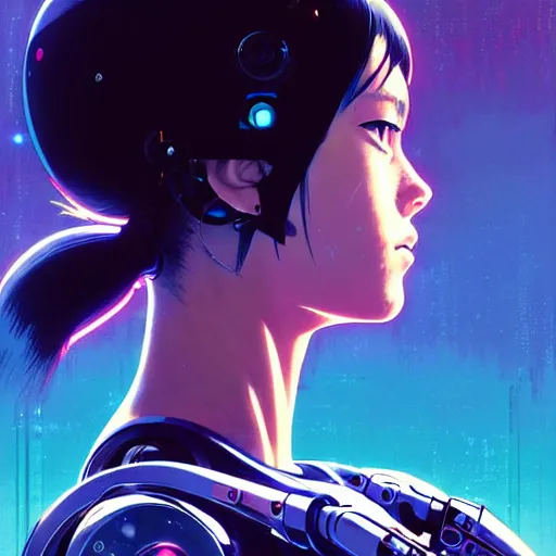 Image similar to side portrait scifi cyborg girl with robotic parts and spacesuit | | head only in center of image, audrey plaza, fine detail!! anime!! realistic shaded lighting!! poster by ilya kuvshinov katsuhiro otomo ghost - in - the - shell, magali villeneuve, artgerm, jeremy lipkin and michael garmash and rob rey