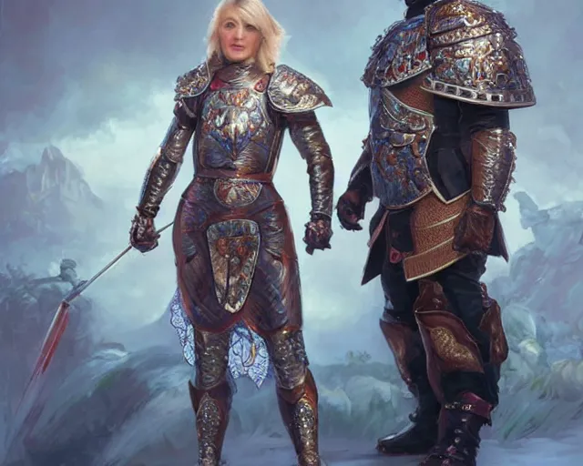 Image similar to liz truss dressed in armor standing next to a giant putin, vivid eyes, real life skin, intricate, elegant, highly detailed, artstation, concept art, smooth, sharp focus, art by artgerm and greg rutkowski and alphonse mucha