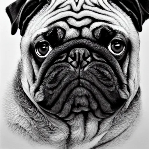 Image similar to a gigachad pug, black and white, intricate, masterpiece, stunning, oil painting