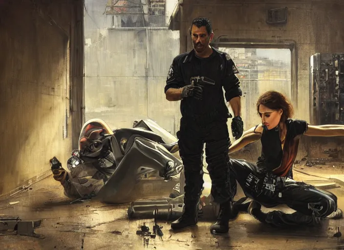 Image similar to sophia evades sgt Griggs. Cyberpunk mechanic wearing jumpsuit escaping police troopers (blade runner 2049). Gorgeous face. Iranian orientalist portrait by john william waterhouse and Edwin Longsden Long and Theodore Ralli and Nasreddine Dinet, oil on canvas. Cinematic, hyper realism, realistic proportions, dramatic lighting, high detail 4k