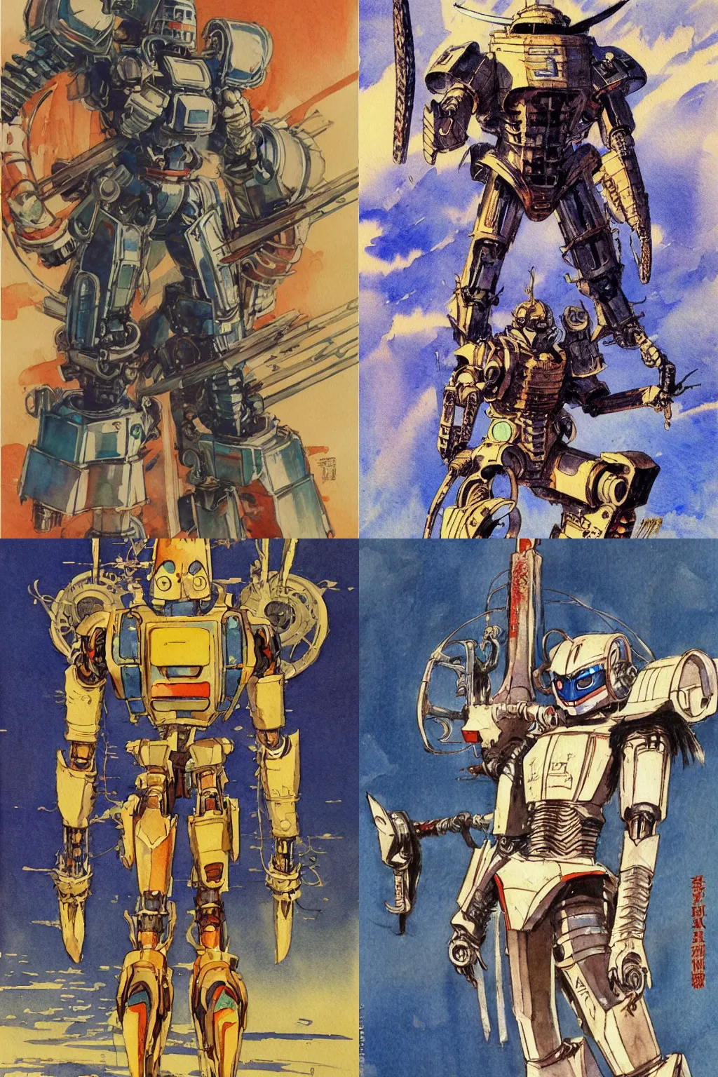 Prompt: vintage anime cinematic robot warrior, watercolor concept art by Syd Mead, by william herbert dunton, watercolor strokes, japanese woodblock, by Jean Giraud