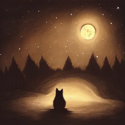 Image similar to “a fox sitting in the woods facing away, looking up at the night sky. The moon shines brightly. digital art, painting, highly detailed, hyper detailed, award winning”