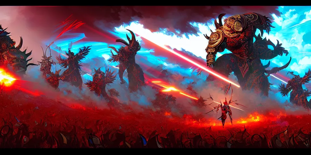 Image similar to guild wars 2, cinematic battlefield, god rays, digital art, high detail by tristan eaton, dan mumford