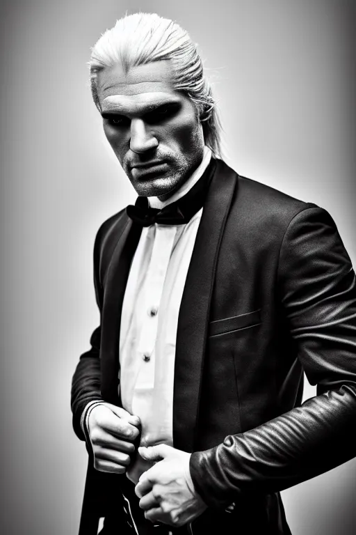 Image similar to portrait of geralt of rivia wearing an elegant tuxedo, 5 5 mm lens, professional photograph, black and white, elegant, serious, stern look