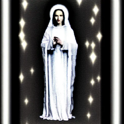 Image similar to vhs static overlay of marian apparition, vhs, 1 9 9 0, highly realistic, highly detailed, vhs noise static, black and white, vhs glitch