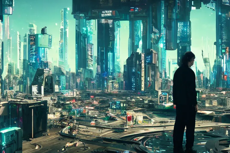 Image similar to VFX movie portrait of daily life in a futuristic itopian cyberpunk interstellar lush city of abundance Emmanuel Lubezki