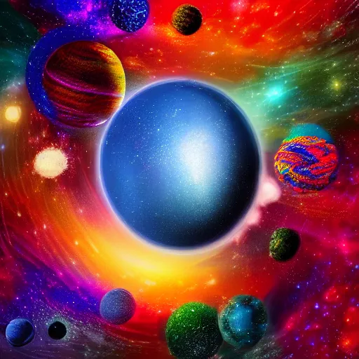 Image similar to colorful ball of yarn as a planet, galaxy background, photo, intricate, 8 k highly professionally detailed, hdr, cgsociety