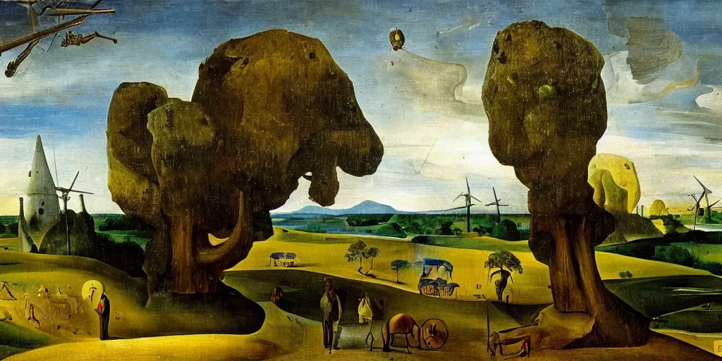 Image similar to an oil painting of a landscape with oak trees and windmills by Salvador Dali, Hieronymous Bosch, and Ivan Shishkin