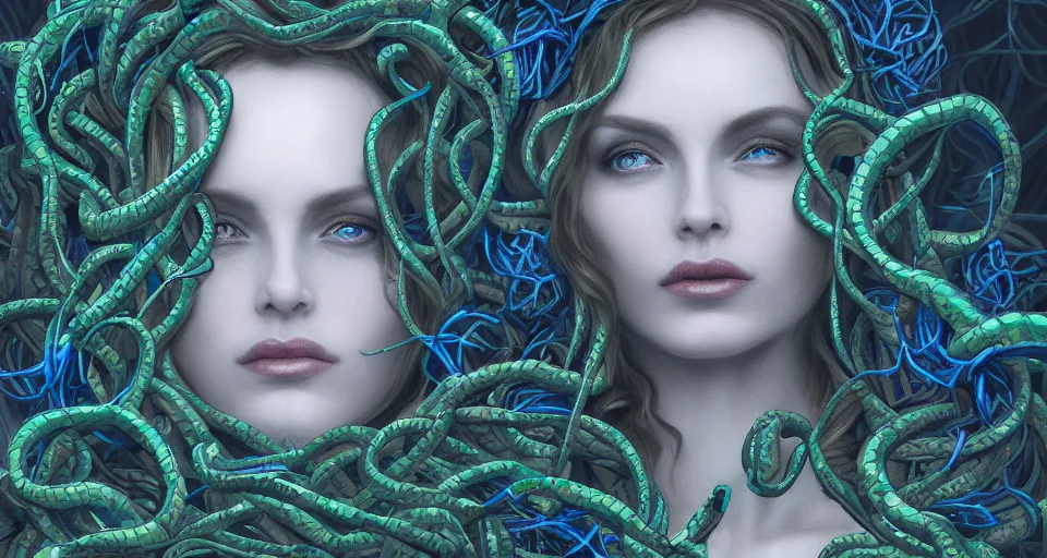 Image similar to detailed portrait of the queen of snakes, realism, pale blue, emerald, sapphire, wearing a crown of vines, nest of vipers, moonlit, dark fantasy, dramatic lighting, cgsociety, artstation