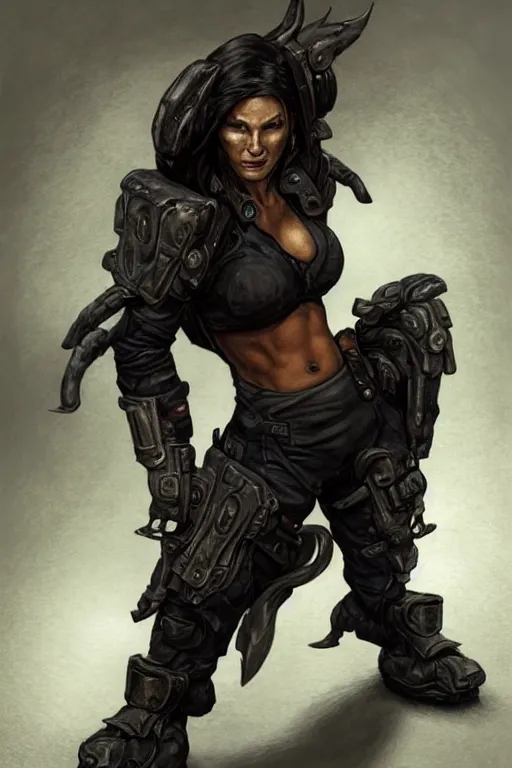 Image similar to gina carano as a shadowrun ork with prothesis metallic left arm, tusk, casual black clothing, muscular, realistic proportions, casual pose, large portrait, sci - fi, rpg character, digital painting, artstation, concept art, smooth, 8 k frostbite 3 engine, ultra detailed, art by artgerm and greg rutkowski and magali villeneuve