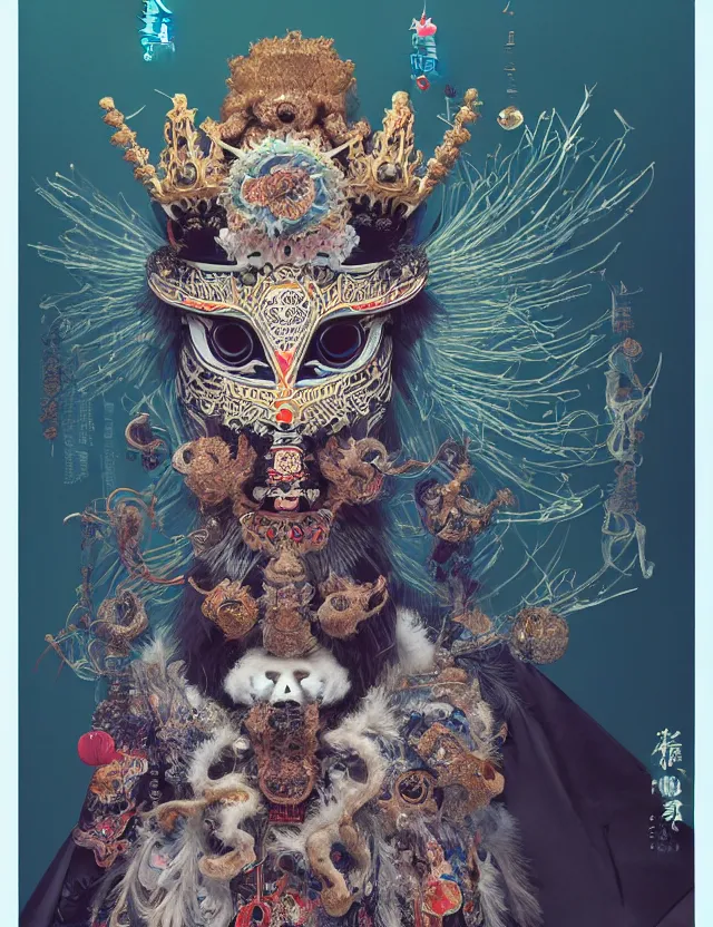 Image similar to the yey of god portrait with mask and crown made of ram skull. beautiful intricately detailed japanese crow kitsune mask and clasical japanese kimono. betta fish, jellyfish phoenix, bioluminescent, plasma, ice, water, wind, creature, super intricate ornaments artwork by tooth wu and wlop and beeple and greg rutkowski