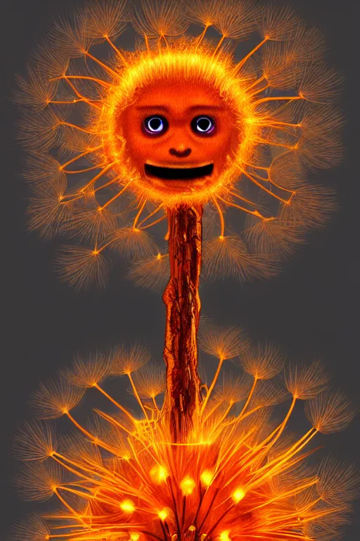 Image similar to a glowing humanoid figure dandelion monster with large glowing eyes, orange background, highly detailed, digital art, sharp focus, trending on art station, plant, anime art style