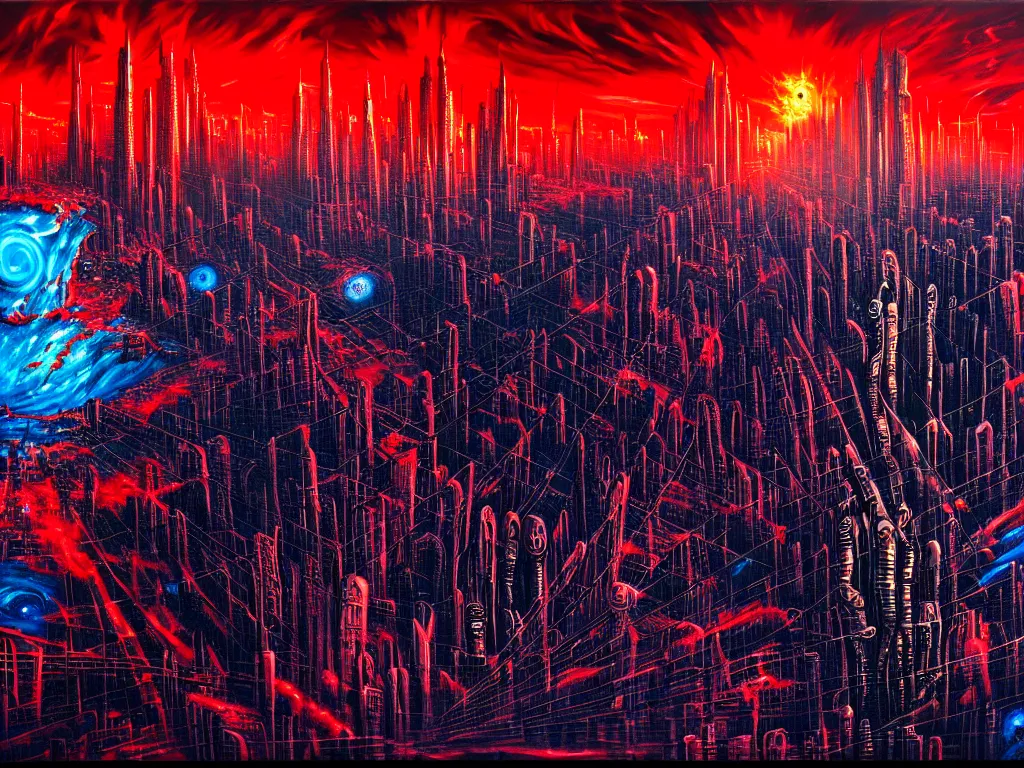 Image similar to an epic cityscape painting of a nightmarish hellscape full of cosmic horrors, wall street, horror, surreal, cyberpunk, dark, vivid, red, blue, oil on canvas, epic, dramatic, cinematic