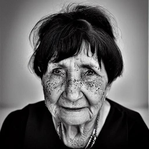 Prompt: “ close up 8 5 mm of a 6 5 yr old woman with black hair, freckles and almond eyes. black and white grainy realistic ”