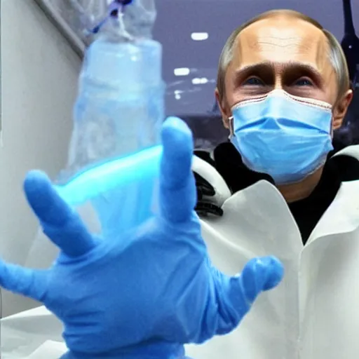 Image similar to vladimir putin in hazmat suit in a lab with blue crystals