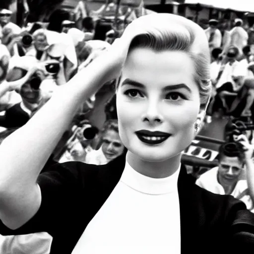 Image similar to selfie smartphone photo of a young Grace Kelly at the Monaco Gran Prix, F1 cars blurred in background, iphone photo, smartphone resolution, trending on instagram, influencer photography