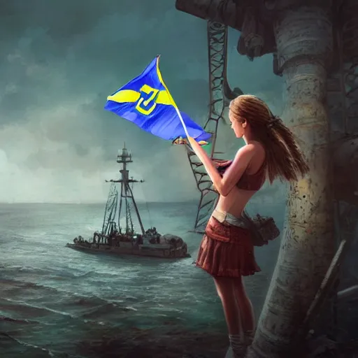 Image similar to ukrainian girls with ukrainian flag near big ruined warship, happy, concept art, trending on artstation, highly detailed, intricate, sharp focus, digital art, 8 k