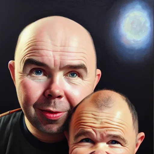 Image similar to oil portrait of karl pilkington and warwick davis, best friends on a travel show. oil painting, highly detailed, centered, artstation, concept art, smooth, sharp focus, illustration, artgerm, vermeer, hans peter mohrbacher, donato giancola, joseph christian leyendecker, drew struzan