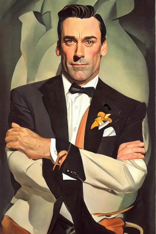 Image similar to portrait of jon hamm by leyendecker and tamara de lempicka at the french riviera 1 9 6 0