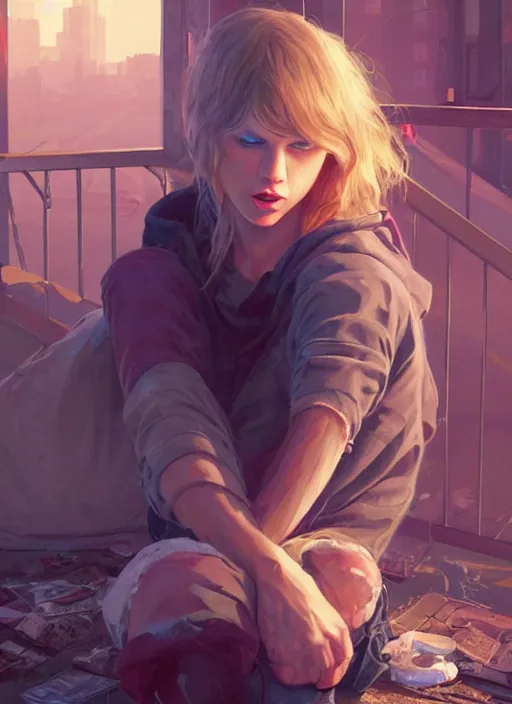 Image similar to Highly detailed full-body portrait of homeless and bruised Taylor Swift, in GTA V, Stephen Bliss, unreal engine, fantasy art by Greg Rutkowski, Loish, Rhads, Makoto Shinkai and Lois van baarle, ilya kuvshinov, rossdraws, Tom Bagshaw, global illumination, radiant light, detailed and intricate environment