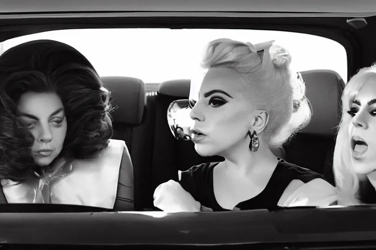 Image similar to lady gaga and judy garland in carpool karaoke, lady gaga, judy garland, red weapon 8 k s 3 5, cooke anamorphic / i lenses, highly detailed, cinematic lighting