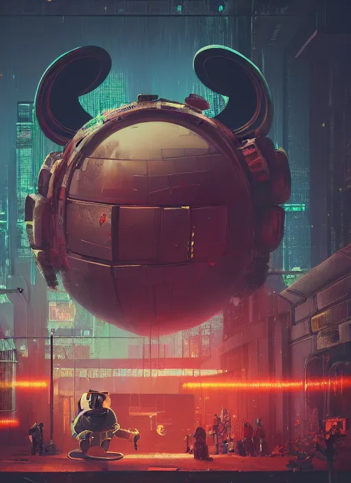 Prompt: giant destroyed head of cyberpunk mickey mouse surrounded by engineers, inside of abandoned netflix office, by beeple, dystopia, golden ratio, octane render, redshift, trending on artstation, 8 k