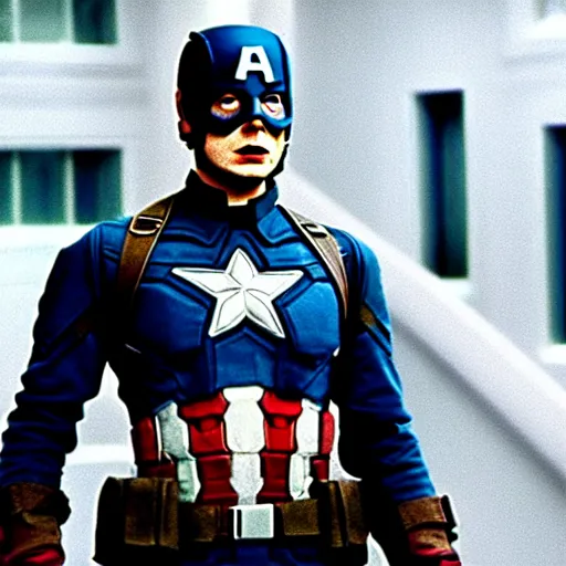 Prompt: film still of captain america in doctor who ( 1 9 7 5 )
