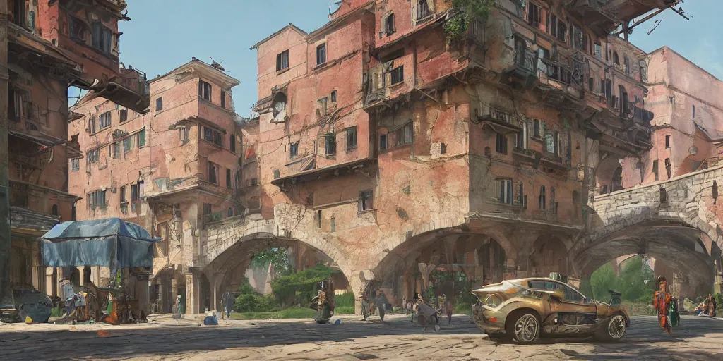 Prompt: verona, stylized, exterior, architecture, in watercolor gouache detailed paintings, raytracing, arcane, insanely detail, artstation, 8 k, futuristic, big medium small, simon stalenhag, props, furniture and decor, octane render, cinematic, screenshot, james gurney, ruan jia, comic style