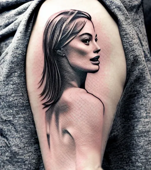 Image similar to tattoo design sketch double exposure of margot robbie and beautiful mountain scenery, creative mash up, in the style of arlo dicristina, surrealist, amazing detail, sharp