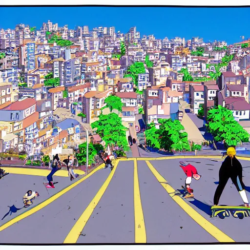 Image similar to city street, sloped street, city on tall hillside, street scene, rollerbladers grinding on rails, skaters, rollerskaters, cel - shading, 2 0 0 1 anime, flcl, jet set radio future, golden hour, japanese town, concentrated buildings, japanese neighborhood, electrical wires, cel - shaded, strong shadows, vivid hues, y 2 k aesthetic