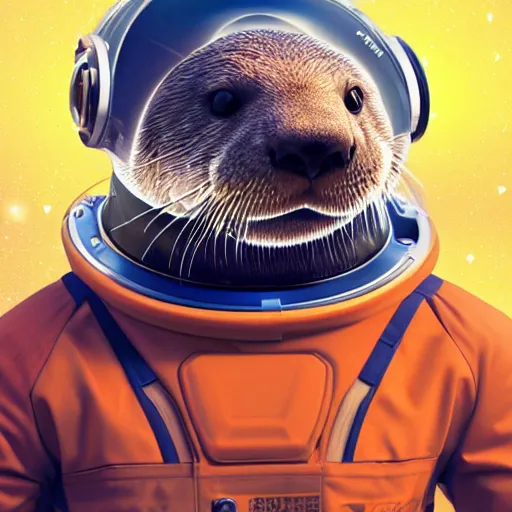 Prompt: a realistic portrait of an otter wearing a space helmet and visor set against a space and nebula background, trending on artstation, ultra detail, photorealistic, fine detail, cgi, zbrush, global illumination, studio lighting