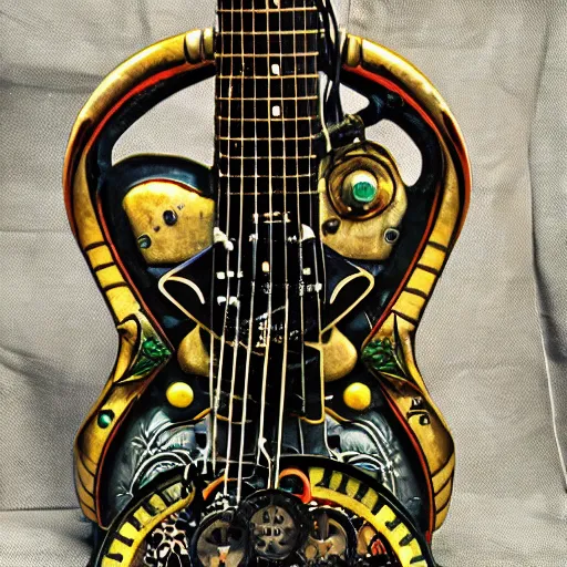 Prompt: photo of an eccentric steampunk electric guitar with ornaments, ultra realistic, vapor tubes, clock, mucha, art deco, art nouveau, neo goth, goth, cyberpunk, neons, 3 d chromes, unreal