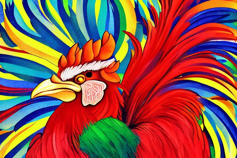 Prompt: illustration of a rooster with feathers of many colors, by liam cobb, lively colors, portrait, sharp focus, colored feathers
