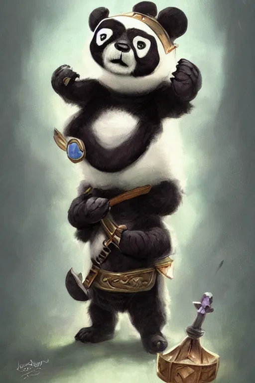 Image similar to cute little anthropomorphic panda knight wearing a cape and a crown, tiny, small, miniature panda baby animal, short, pale blue armor, cute and adorable, pretty, beautiful, DnD character art portrait, matte fantasy painting, DeviantArt Artstation, by Jason Felix by Steve Argyle by Tyler Jacobson by Peter Mohrbacher, cinematic lighting