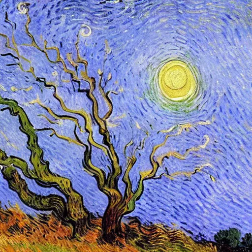 Prompt: This painting has such a feeling of peace and serenity. The tree is so still and calm, despite the wind blowing around it. The moonlight casts a soft glow over everything and the starts seem to be winking at you... by Van Gogh