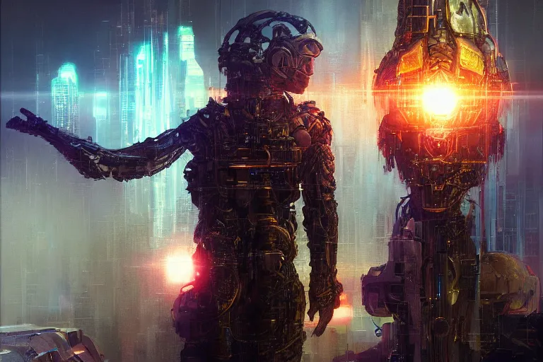 Prompt: portrait sci-fi art by Moebius and Ruan Jia, a glowing alien liquid metal orb floating above the hand of a soldier, solar flares, futuristic environment, detailed and intricate environment, fractal biomech, cyberpunk, neon color, purple bioluminescence, gold and black metal, dramatic lighting, cinematic, high technology, highly detailed portrait, digital painting, artstation, concept art, smooth, sharp focus, ilustration, Artstation HQ