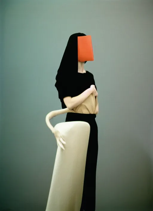 Image similar to a fashion portrait photograph of a woman wearing a plastic mask designed by mark rothko, 3 5 mm, color film camera,