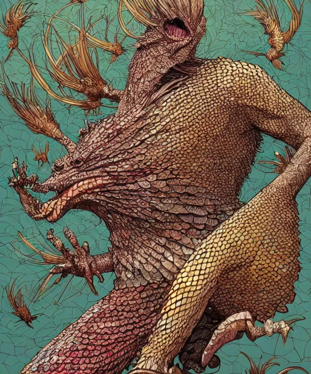 Prompt: a creature covered in scales and feathers spitting acid, fantasy, elegant, digital painting, artstation, concept art, matte, sharp focus, illustration, art by geof darrow