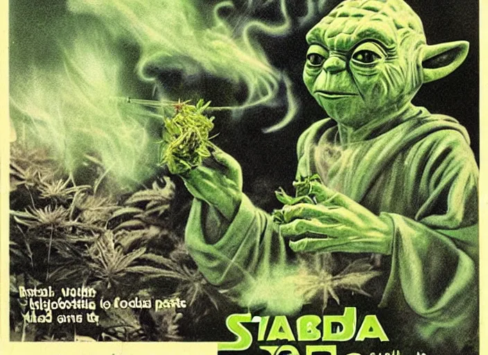 Prompt: vintage travel advertisement for the planet dagobah, of yoda smoking a huge marijuana cigarette, surrounded by cannabis plants