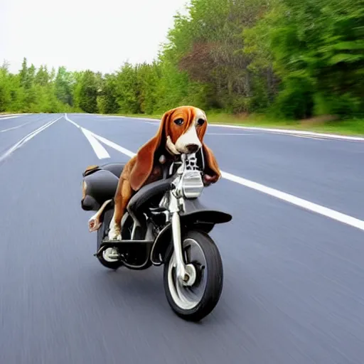 Prompt: a beagle riding a motorcycle