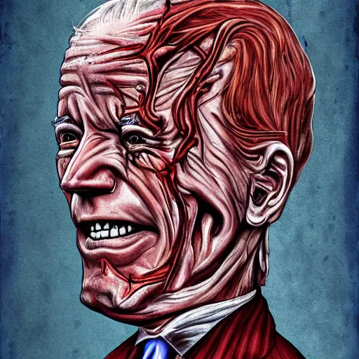 Image similar to biden became bloody ugly lovecraftian degenerate abomination, photo - realistic, color image, 2 k, highly detailed, bodyhorror, occult art