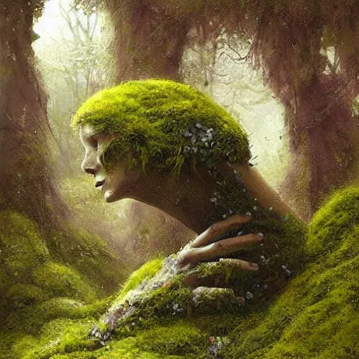 Prompt: a beautiful humanoid creature made out of moss and flowers. ethereal fantasy art by greg rutkowski