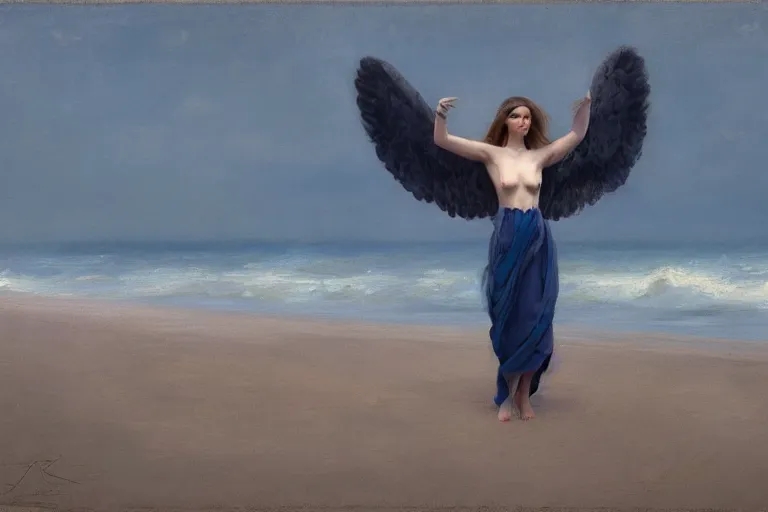 Prompt: female angel on the beach, trail of fire and smoke coming from her wings, very early morning, bluish colorscheme, jeremy lipking, timothy rees