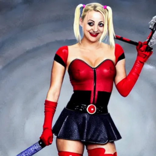 Image similar to A still of Kaley Cuoco as Harley Quinn, comics-accurate outfit