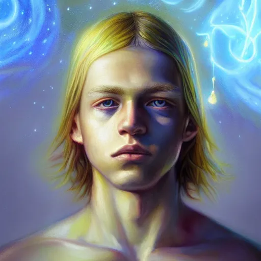 Prompt: visionary art by mandy jurgens, powerful eyes glowing highly detailed painting of deep sadness alone, young blonde boy spiritual portrait, fractal electricity surrounding him, expressive emotional sadness piece, trending on art station, abstract emotional sadness expression, very very very beautiful, fantasy digital art, visionary art, magical fantasy 2 d concept art