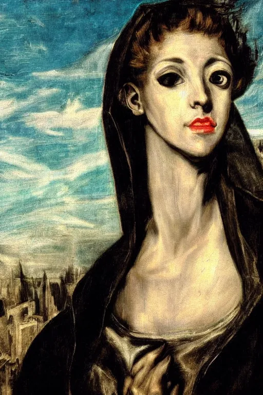 Image similar to a close - up portrait of a cyberpunk cyborg girl, by el greco, rule of thirds