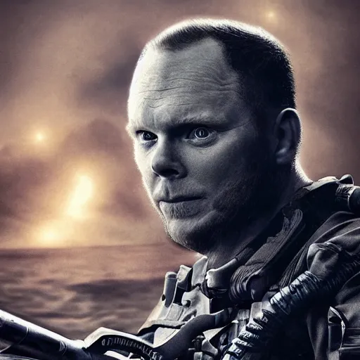 Image similar to Bill Burr as a navy SEAL, high resolution fantasy concept art, realistic, intricate details, soft lighting